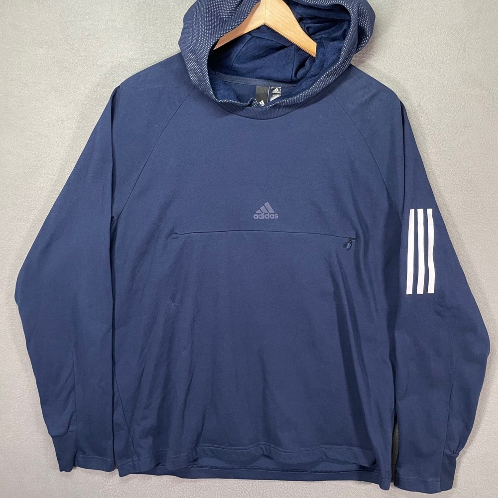 Adidas Mens XL Navy Blue Hoodie 3 Stripe Pulloverβ Athletic Sweatshirt